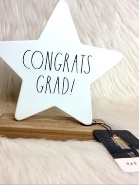 Rae Dunn White Star "Congrats Grad!" Table Accent on Wood Base